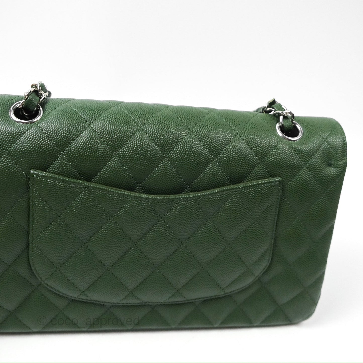 Chanel Classic M/L Medium Flap Quilted Dark Green Caviar Silver Hardware