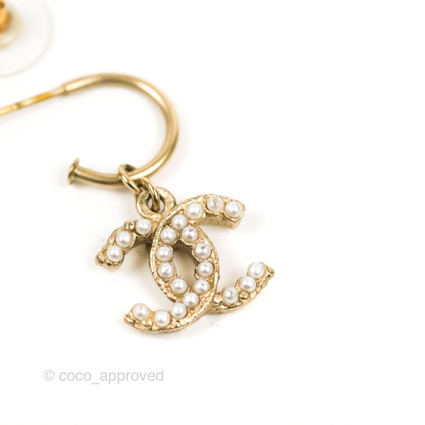 Chanel Pearl CC Drop Hoop Earrings Gold Tone 12A