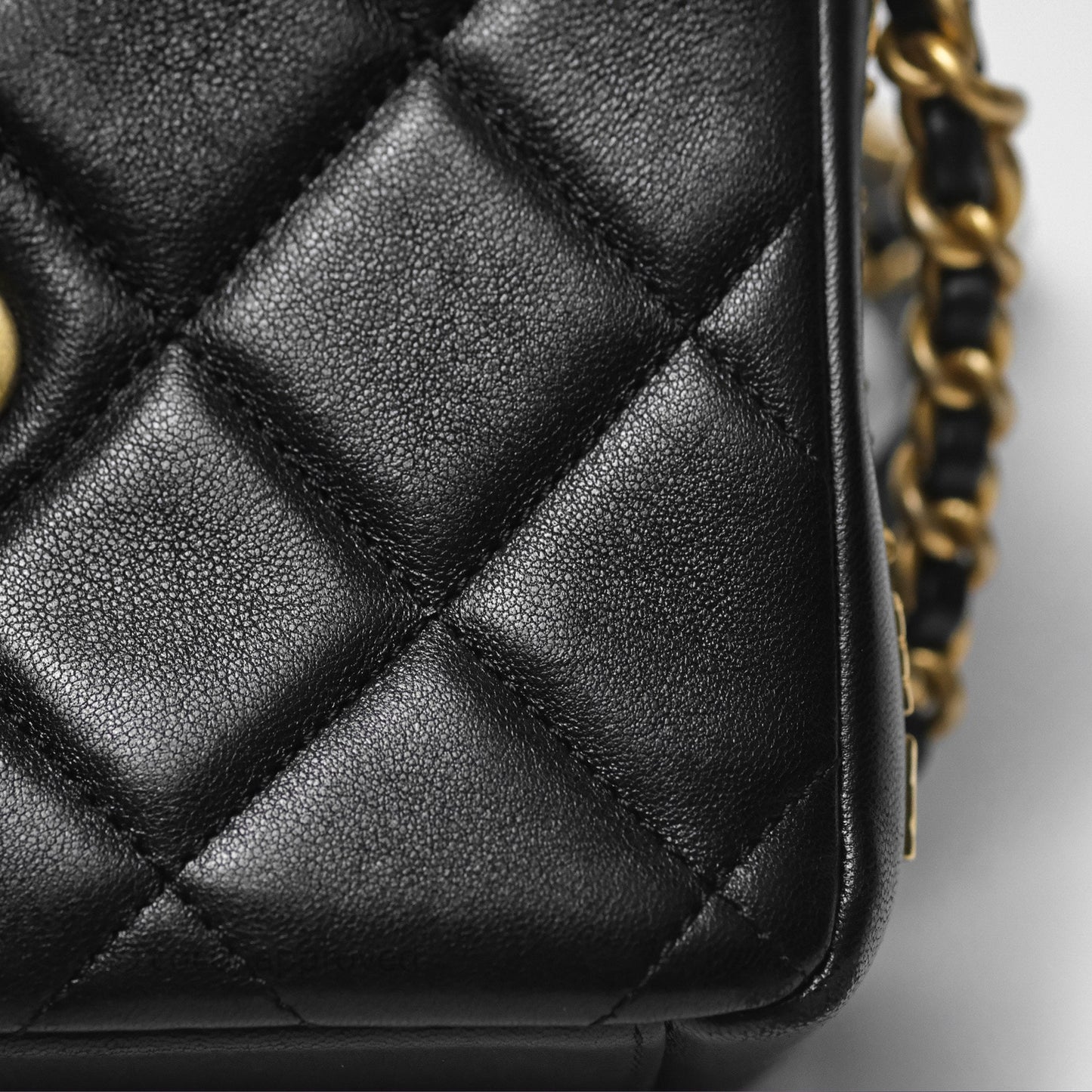 Chanel Logo Mini Square Flap Bag Black Lambskin Aged Gold Hardware 21B