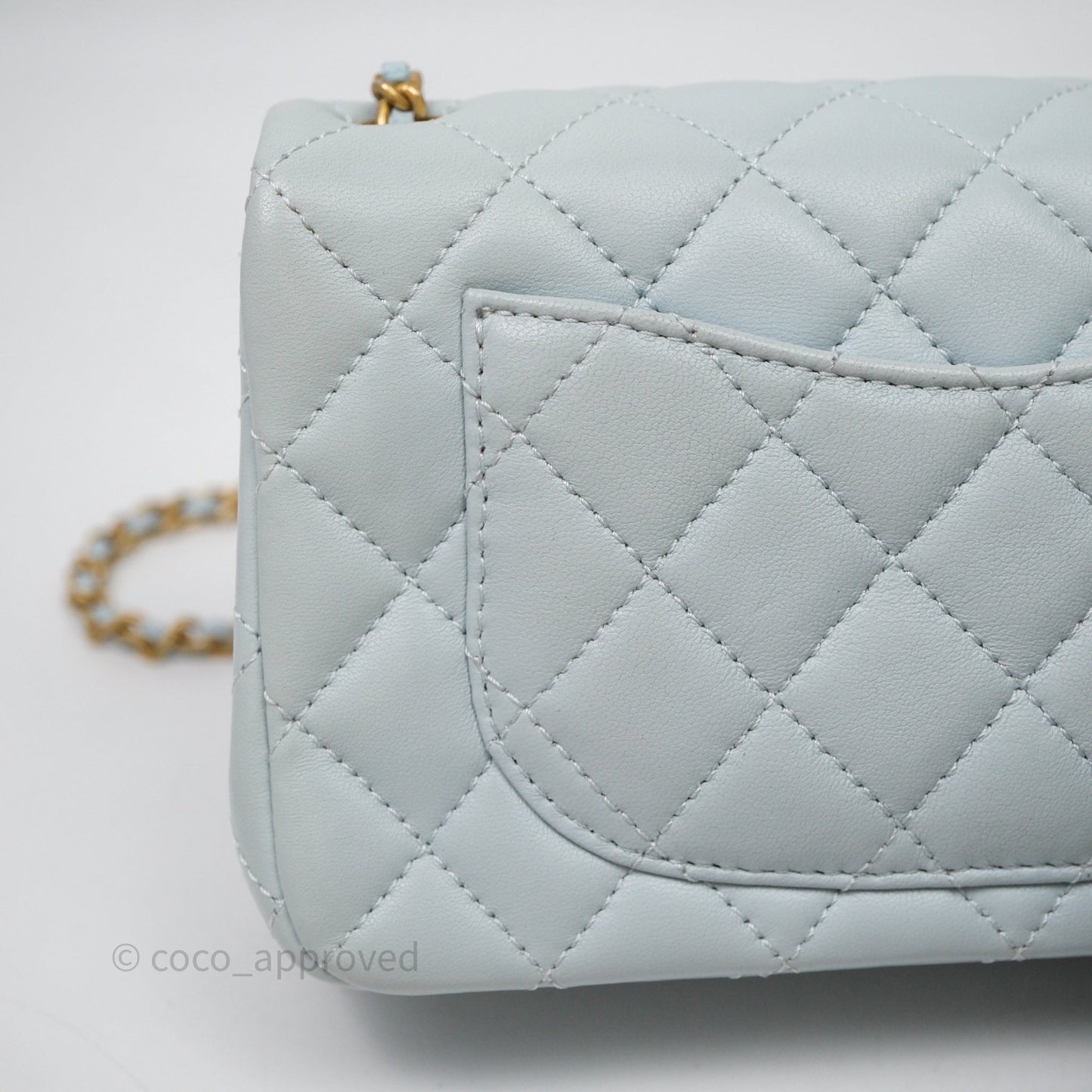 Chanel Pearl Crush Mini Rectangular Light Blue Lambskin Aged Gold Hardware