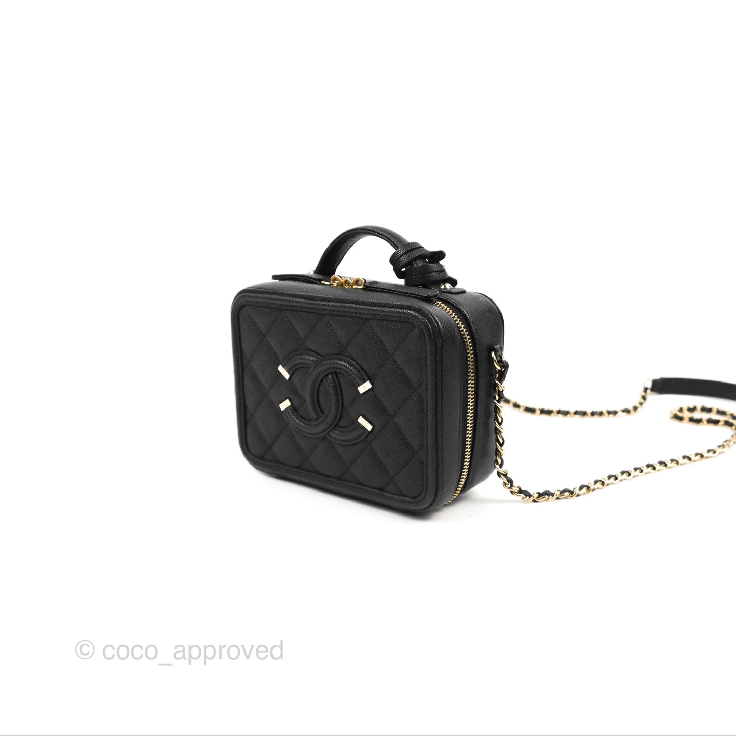Chanel Quilted Small CC Filigree Vanity Case Black Caviar Gold Hardware