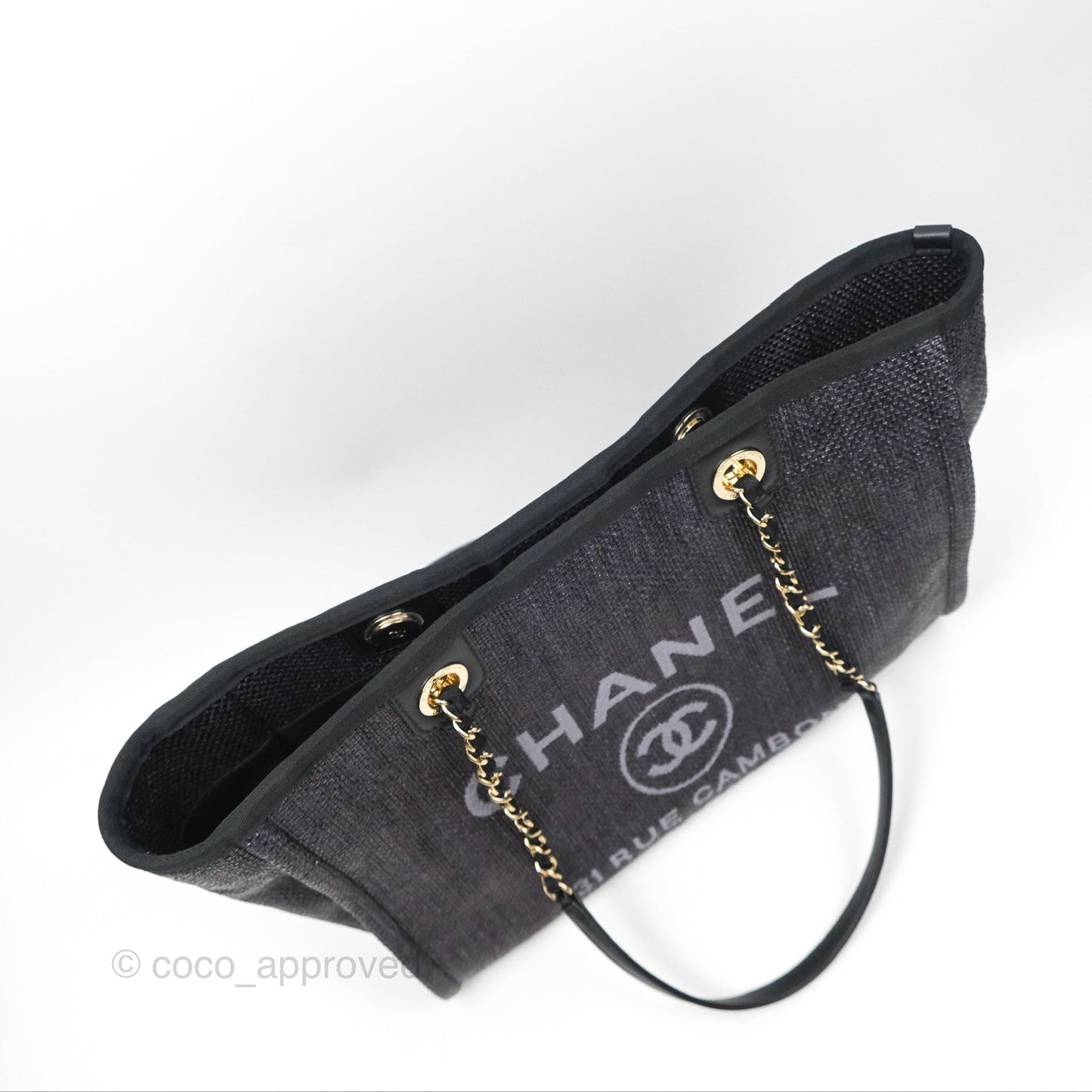 Chanel Medium Deauville Tote Black Dark Grey Raffia Woven Gold Hardware