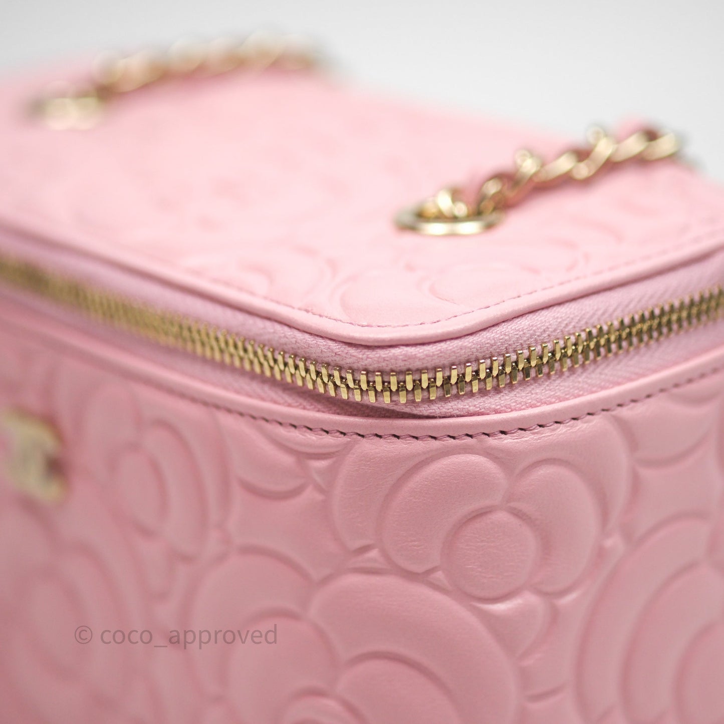 Chanel Vanity with Chain Camellia Embossed Pink Lambskin Gold Hardware