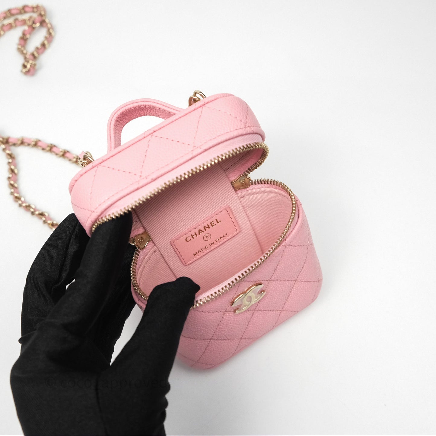 Chanel Quilted Mini Handle With Care Vanity Case With Chain Pink Caviar Gold Hardware