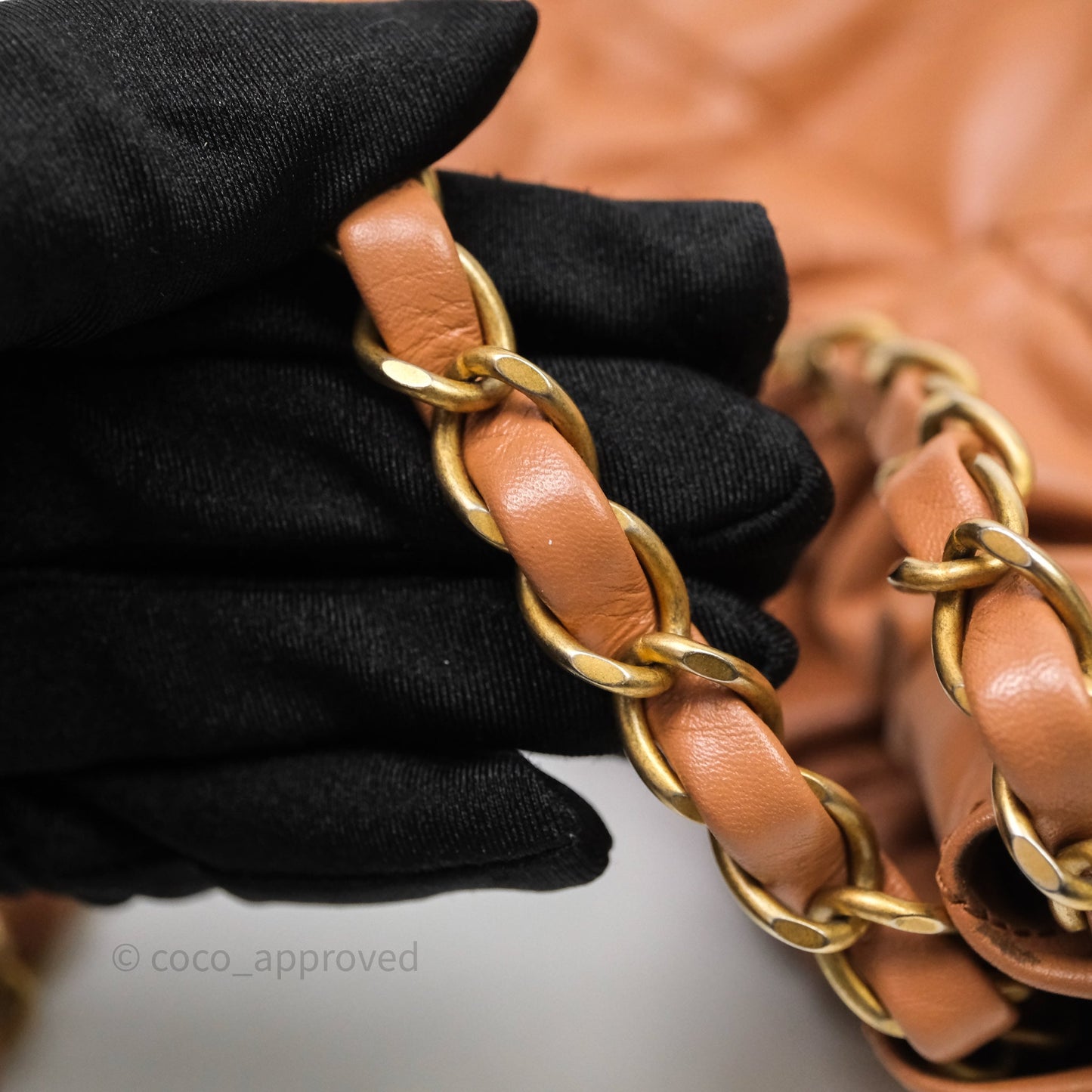 Chanel 22 Small Caramel Beige Shiny Calfskin Aged Gold Hardware