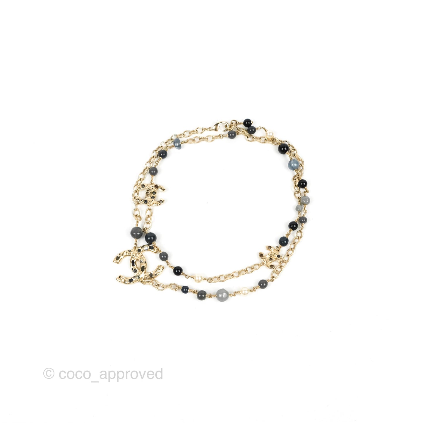 Chanel CC Pearl Gemstone Chain Long Necklace Gold Tone 16A