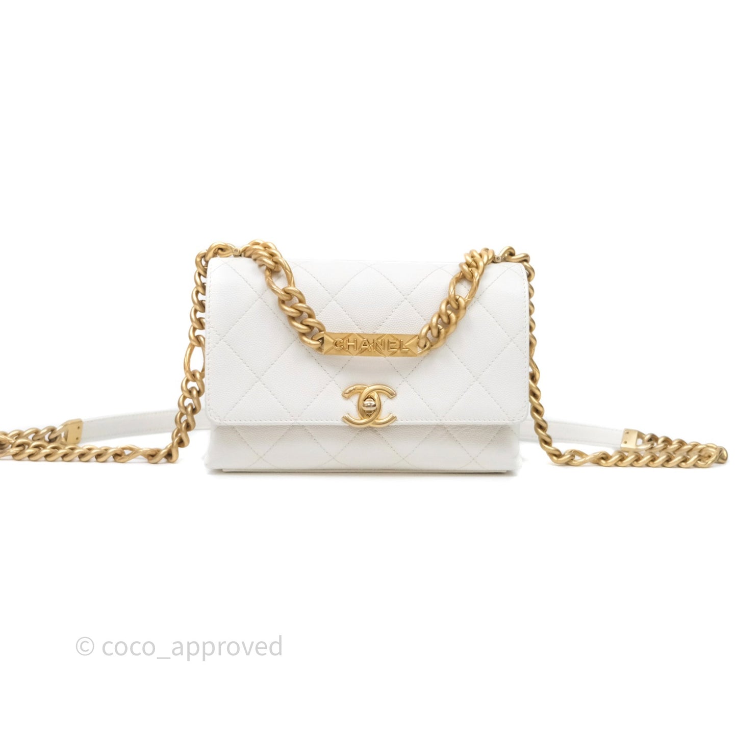 Chanel Bracelet On Chain Small Flap Bag White Caviar Aged Gold Hardware