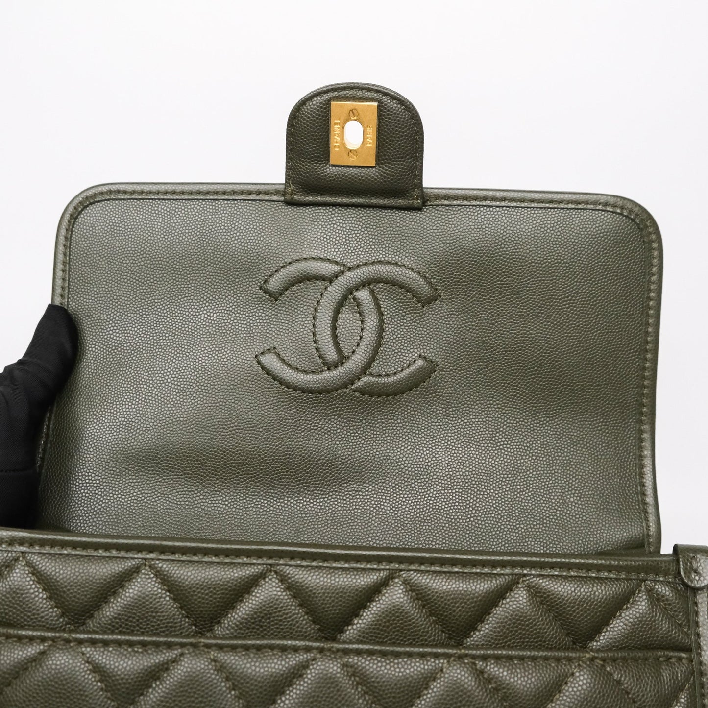 Chanel School Memory Top Handle Flap Army Green Caviar Aged Gold Hardware