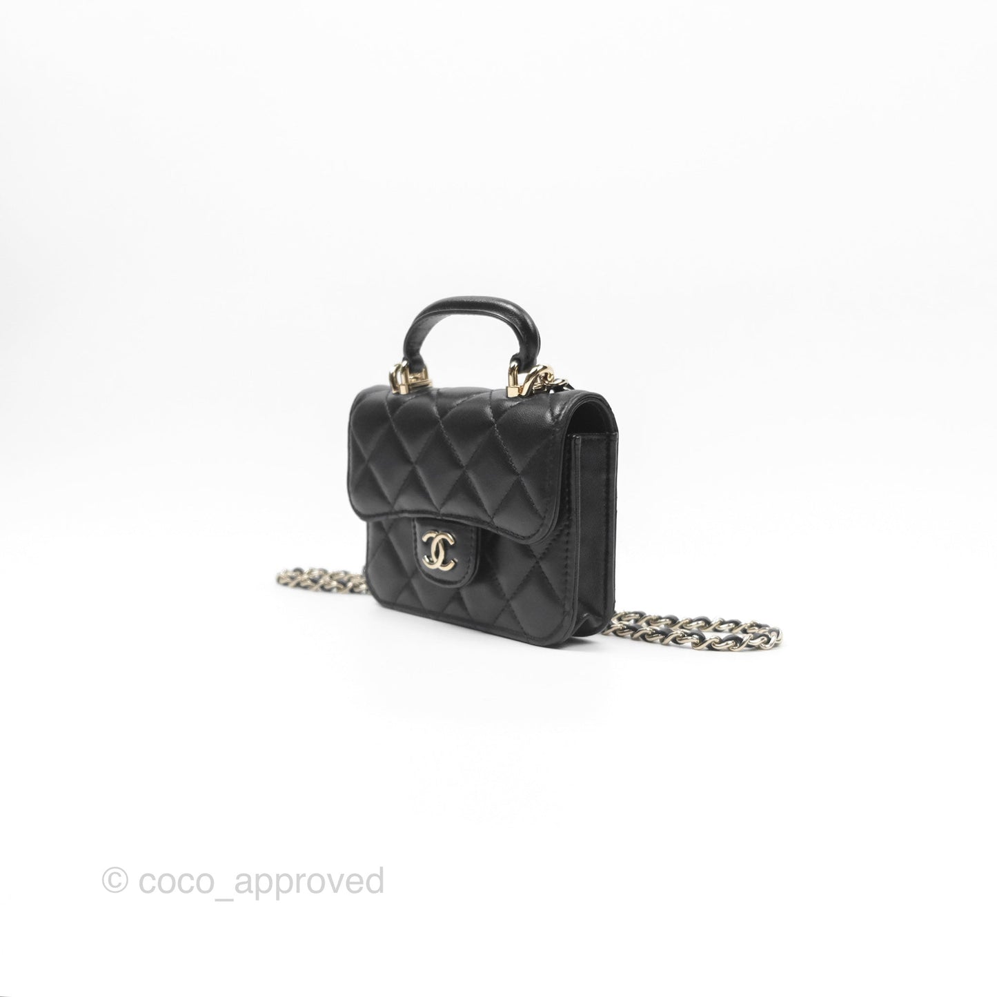 Chanel Mini Handle Flap Coin Purse With Chain Black Lambskin Gold Hardware