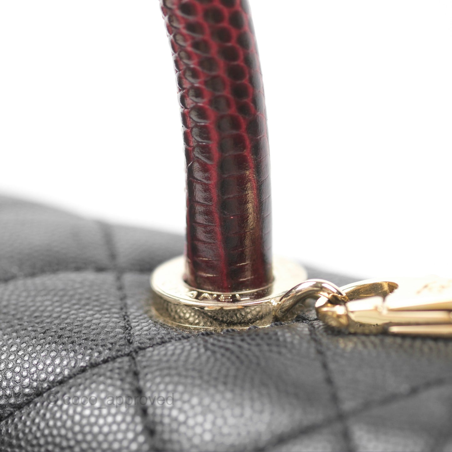 Chanel Small Coco Handle Black Caviar Gold Hardware Lizard Embossed Handle