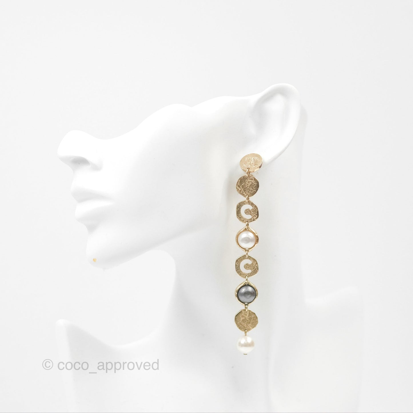Chanel CC Coco Pearl Round Chain Long Earrings Gold Tone 19A