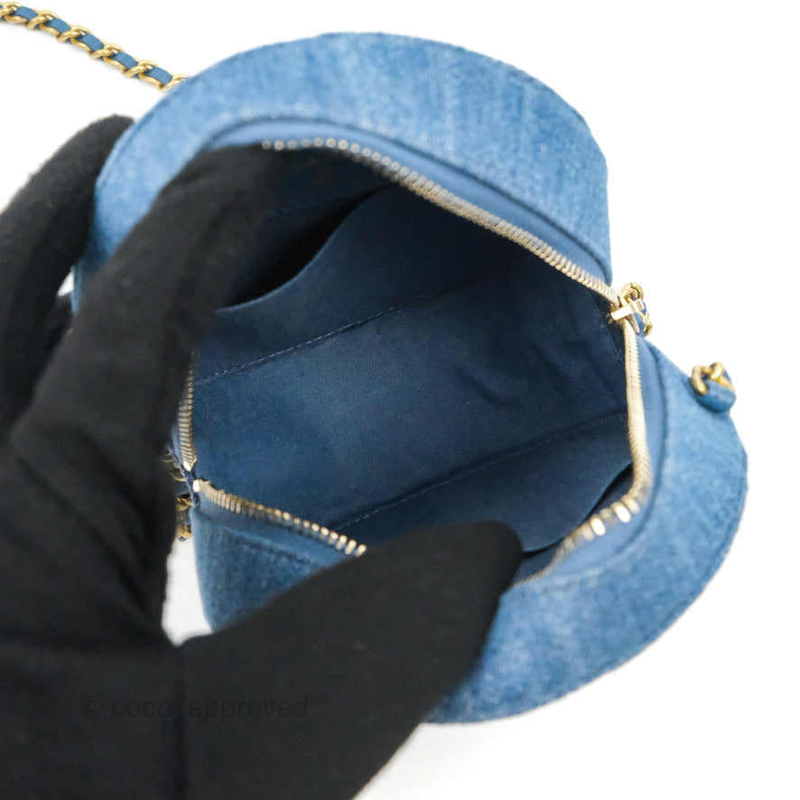 Chanel Quilted Pearl Crush Round Clutch With Chain Denim Aged Gold Hardware