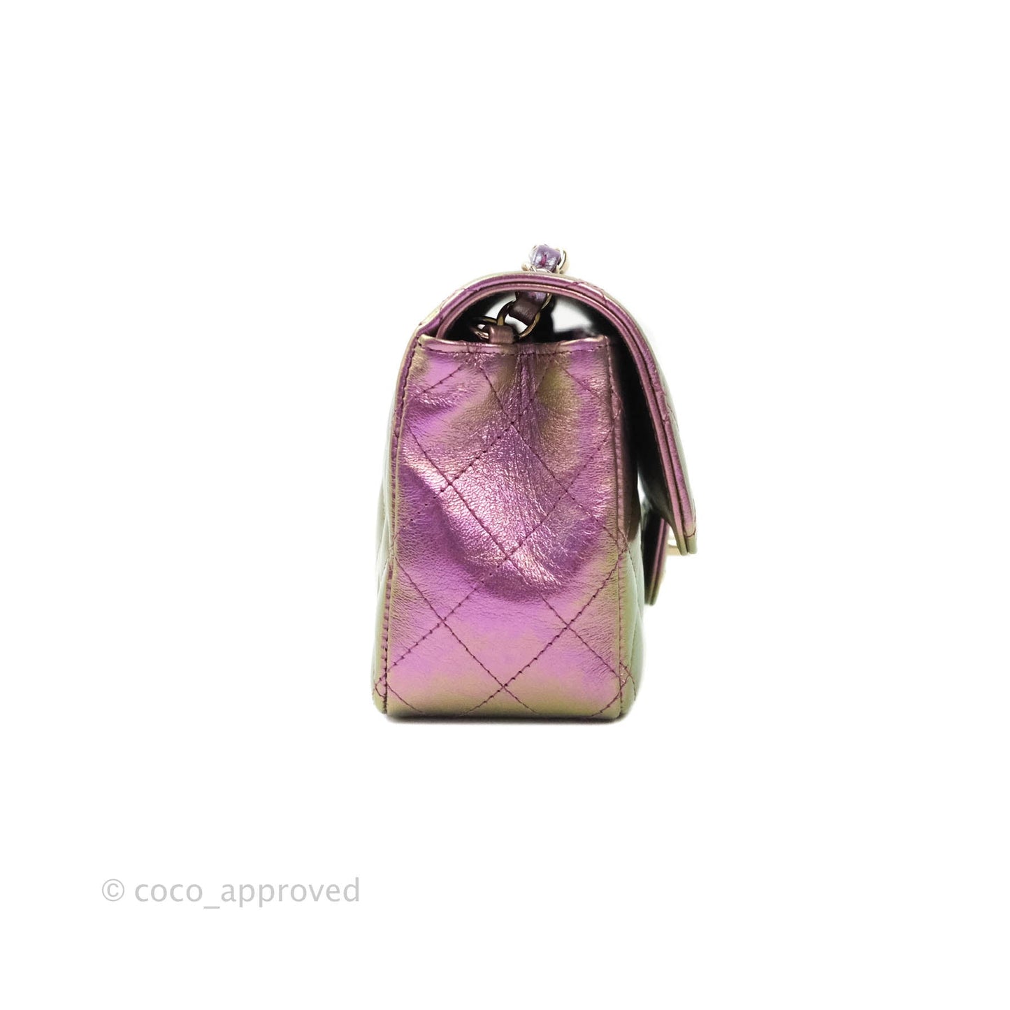 Chanel Classic Quilted Mini Rectangular Flap Metallic Purple Calfskin Gold Hardware
