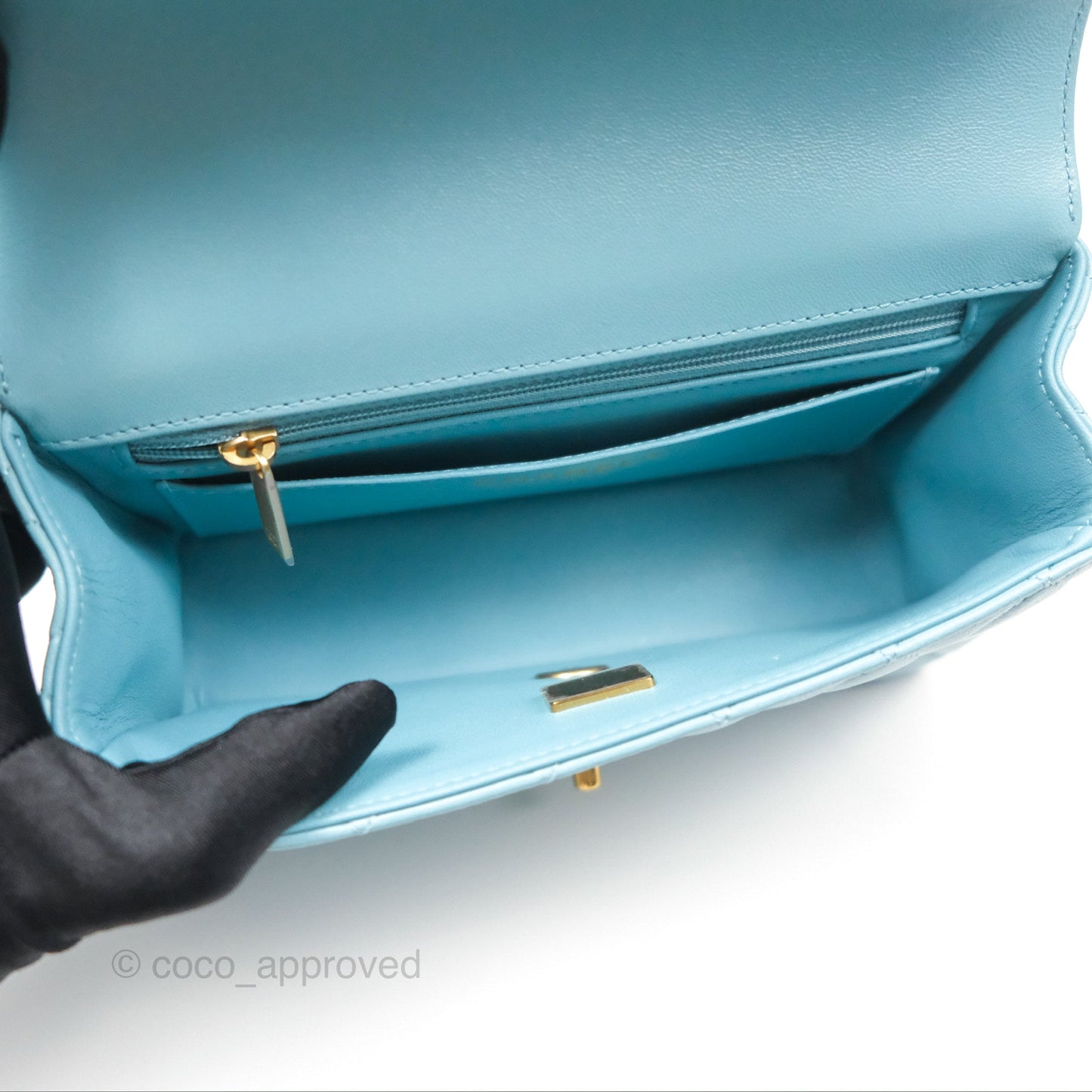 Chanel Flap Bag with Crystal Logo Top Handle Tiffany Blue Lambskin Aged Gold Hardware