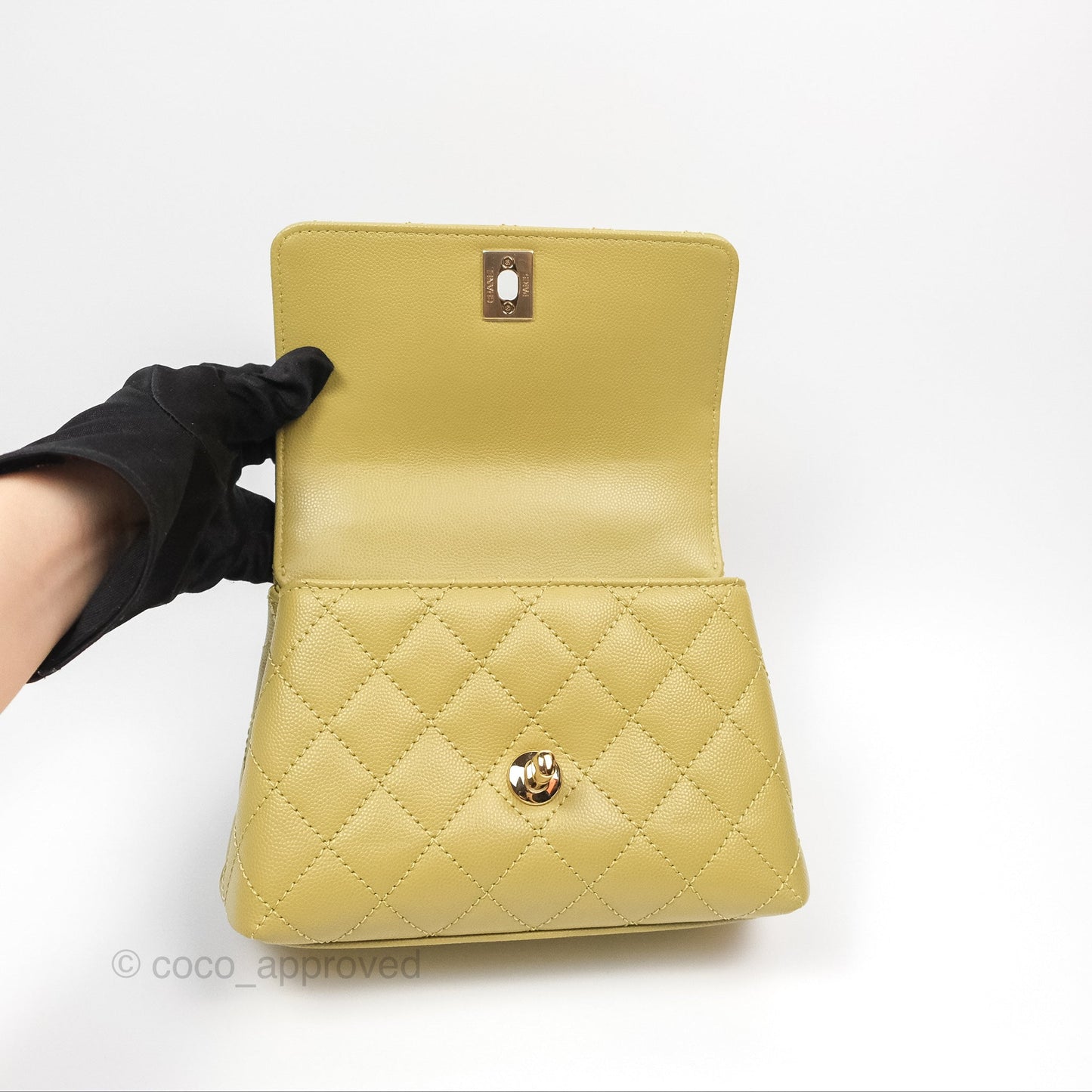 Chanel Quilted Mini Coco Handle Caviar Olive Green Gold Hardware