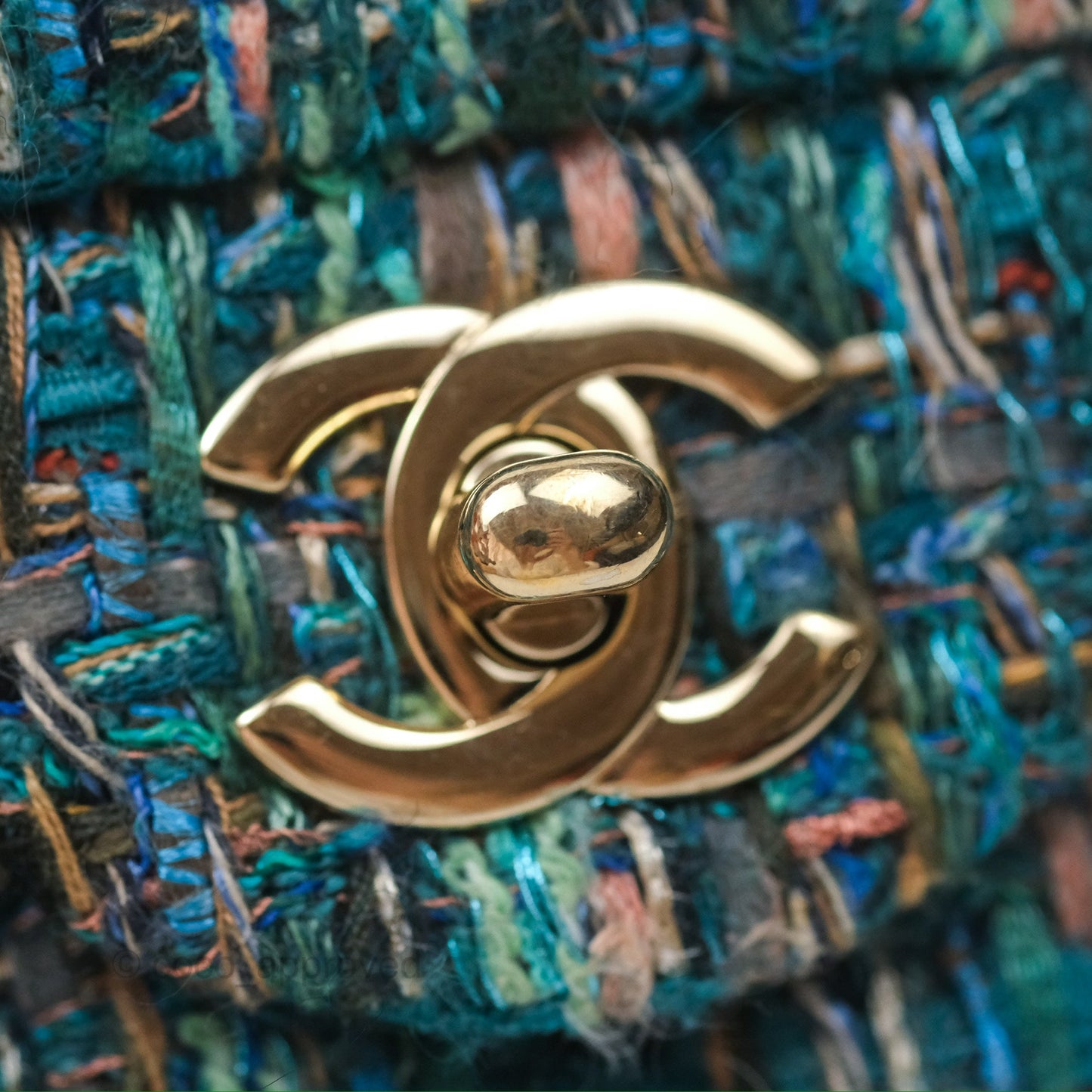 Chanel Mini Rectangular Flap Teal Tweed Gold Hardware