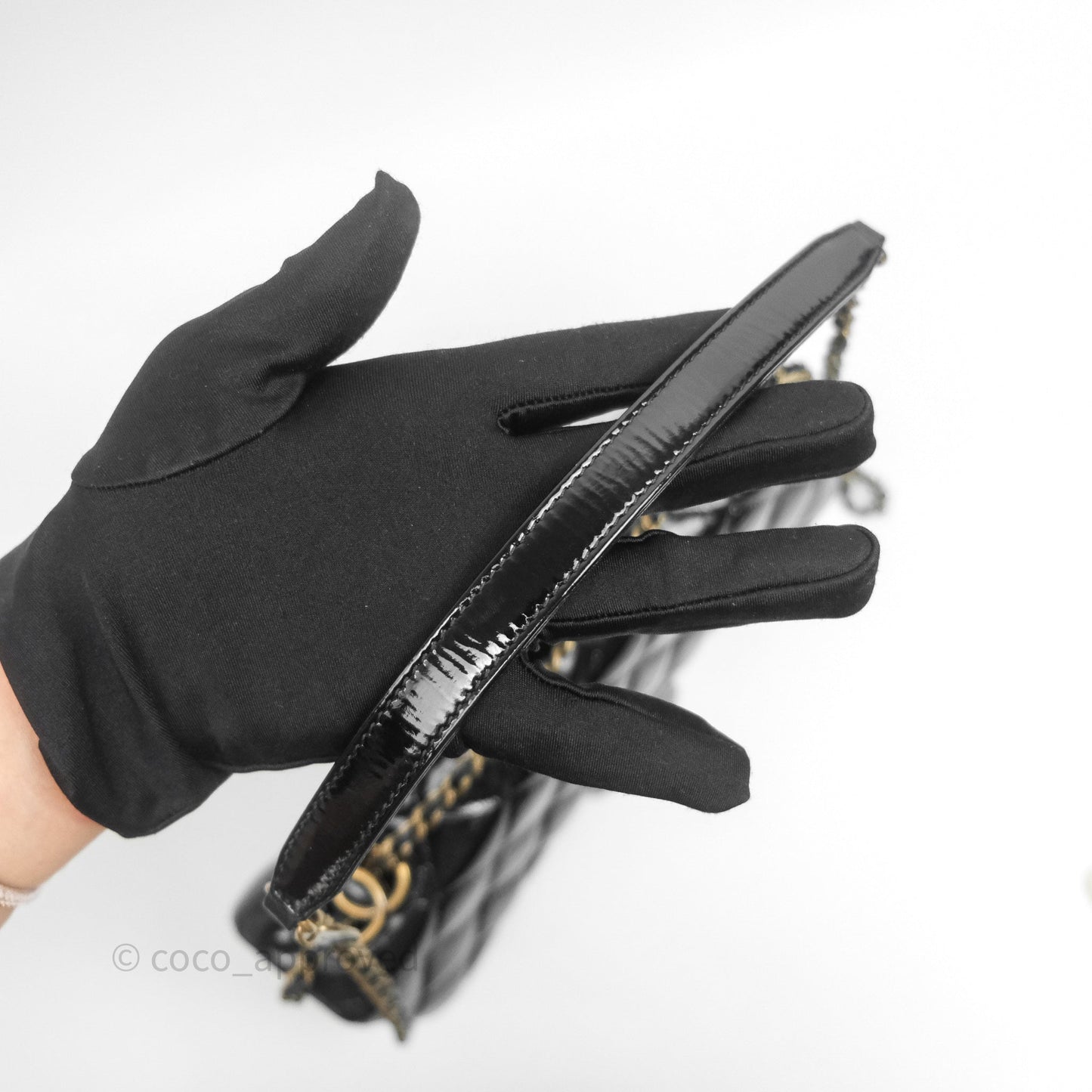 Chanel Quilted Medium Eyelet Flap Bag Black Patent Aged Gold Hardware