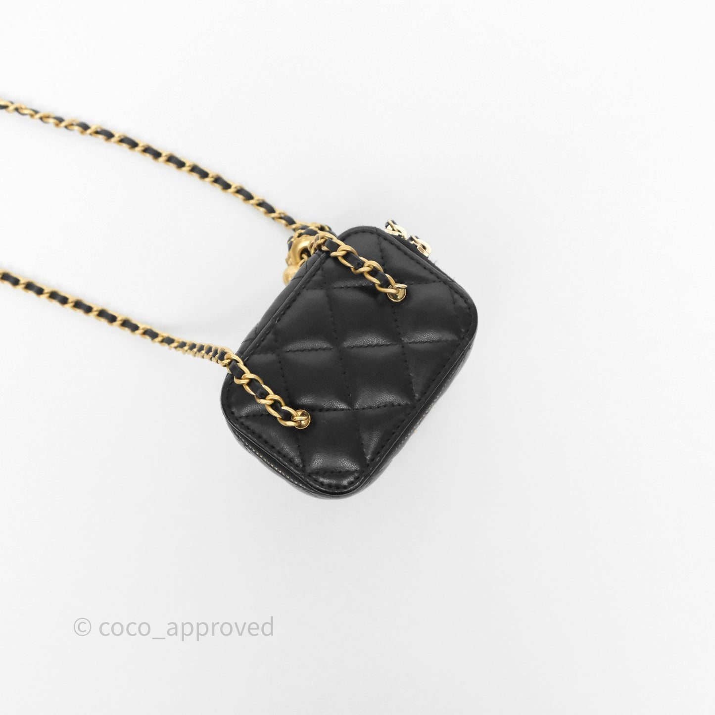 Chanel Quilted Pearl Crush Mini Vanity With Chain Black Lambskin Aged Gold Hardware