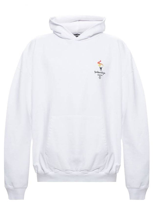 Luxury Balenciaga Embroidered Flame Logo Hoodie White