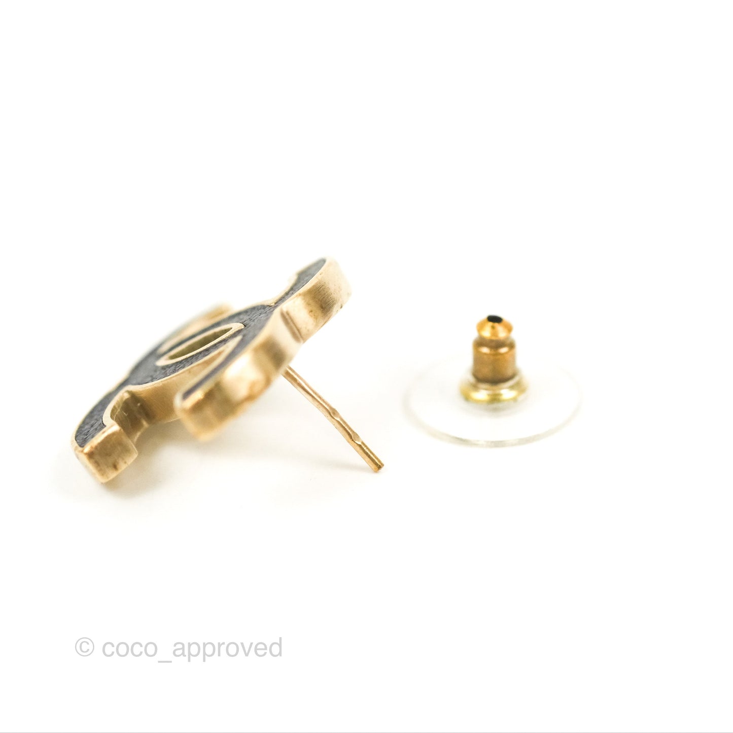 Chanel CC Black Leather Earrings Matte Gold Tone 12P