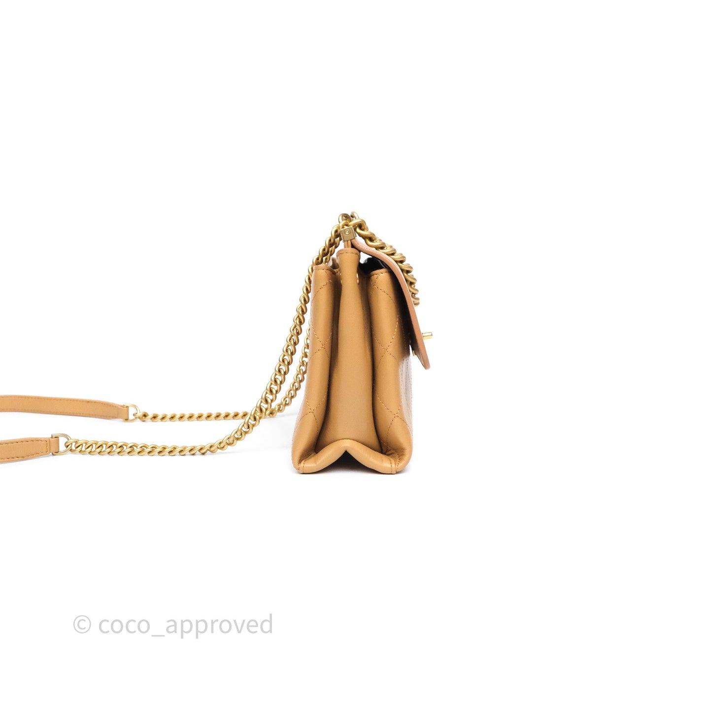 Chanel Small Coco Luxe Flap Bag Caramel Beige Calfskin Aged Gold Hardware