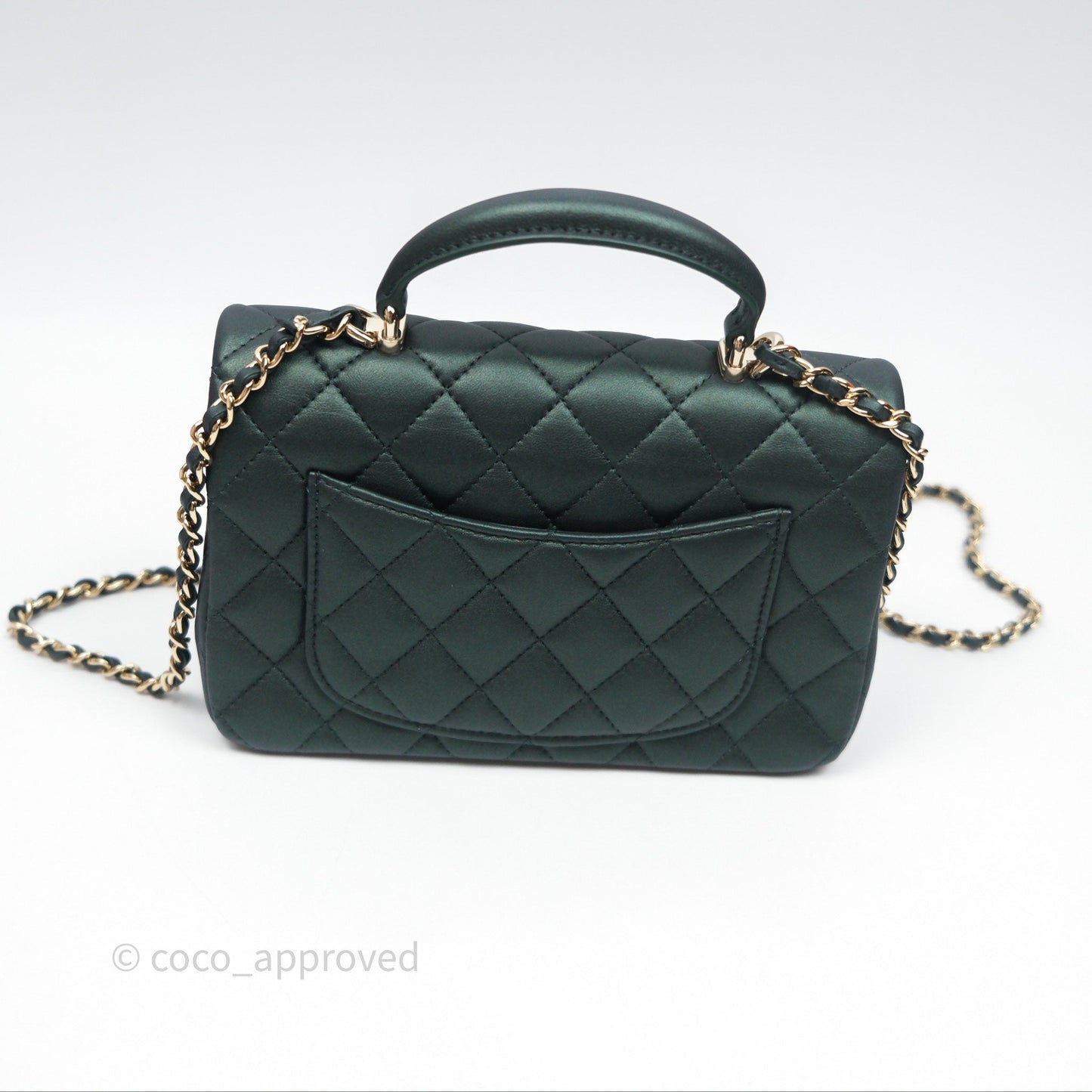 Chanel Top Handle Mini Rectangular Flap Iridescent Green Lambskin Gold Hardware