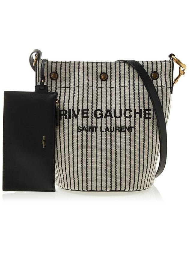 Luxury Saint Laurent Rive Gauche Striped Canvas Leather Bucket Bag Cream Black