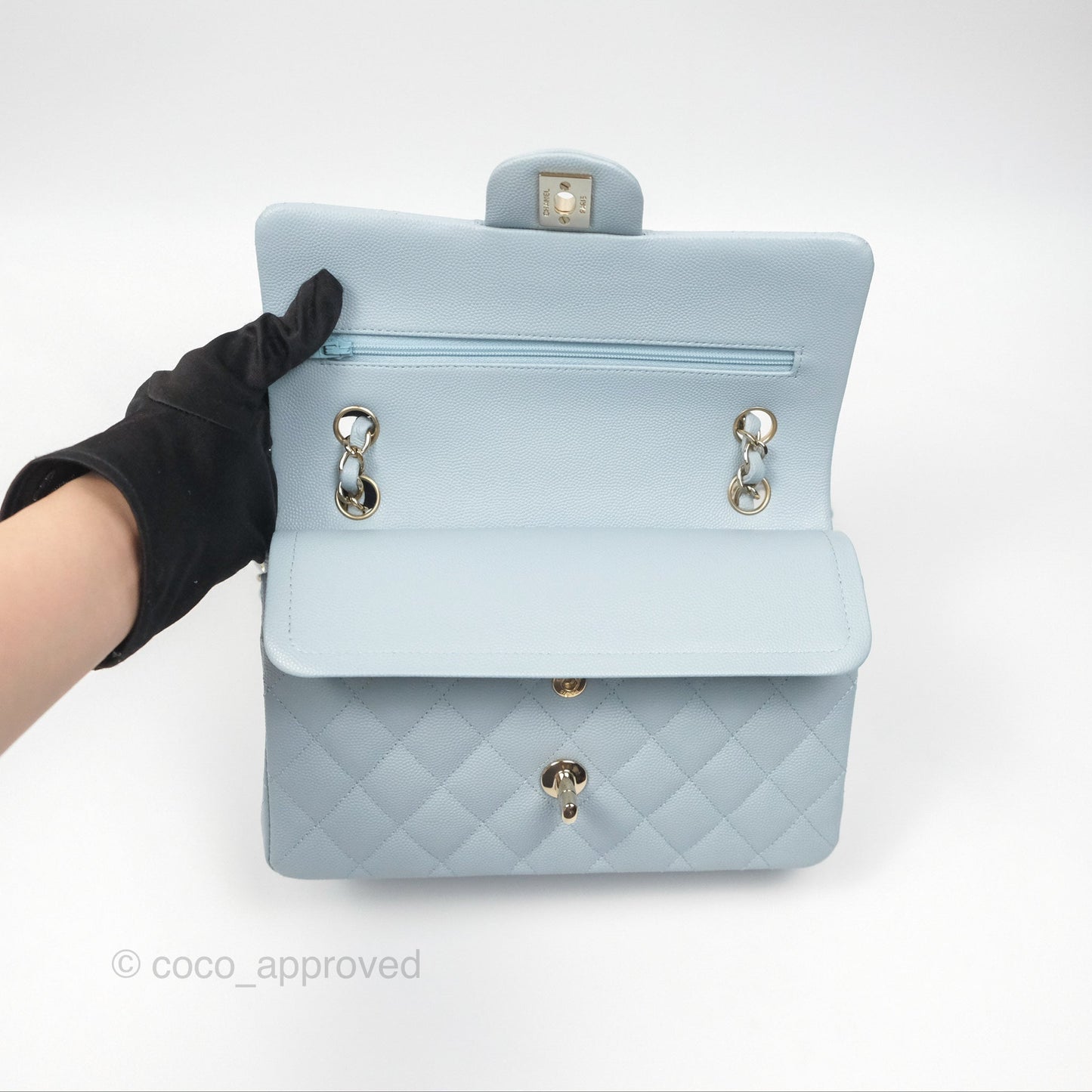 Chanel Small Classic Quilted Flap Light Blue Caviar Gold Hardware