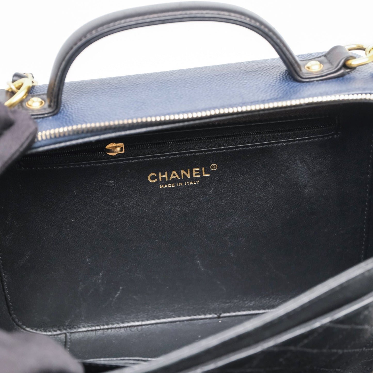 Chanel Quilted Large CC Filigree Vanity Case Navy Black Caviar Aged Gold Hardware