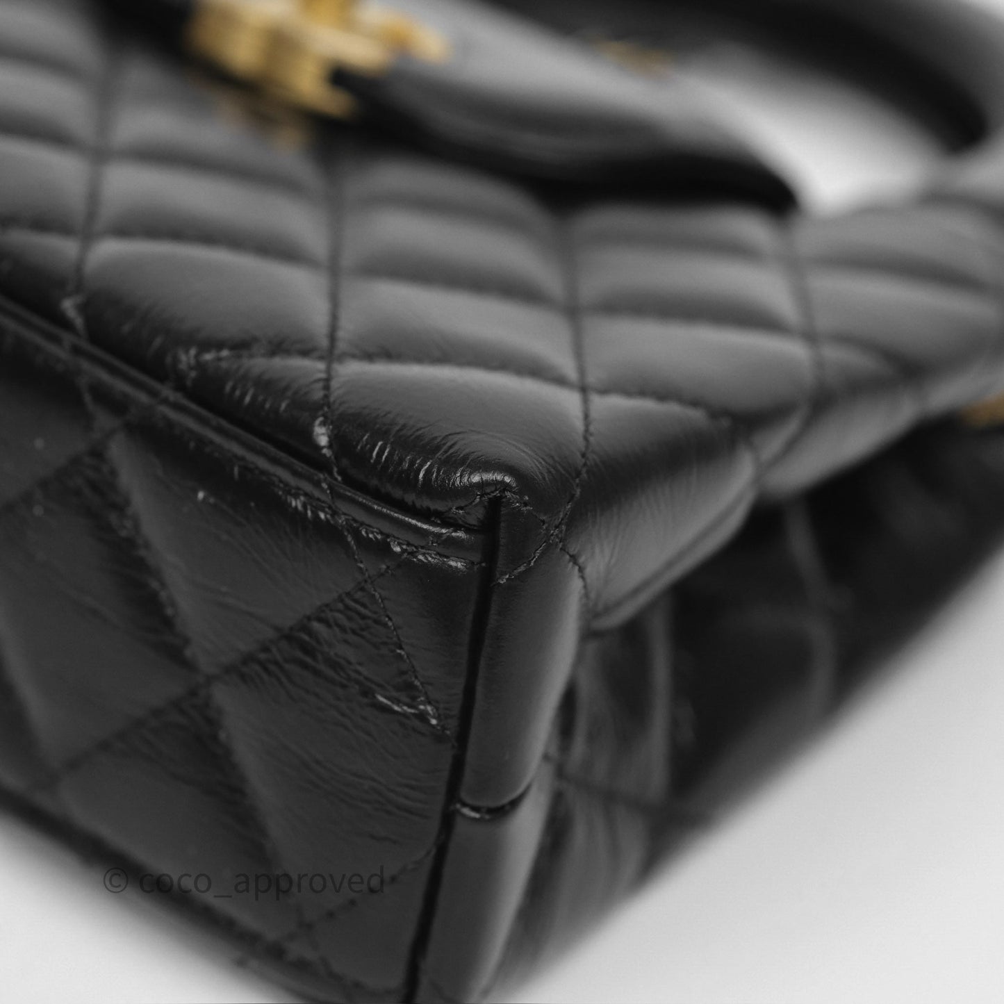 Chanel Kelly Bag Quilted Black Shiny Crumpled Calfskin Aged Gold Hardware