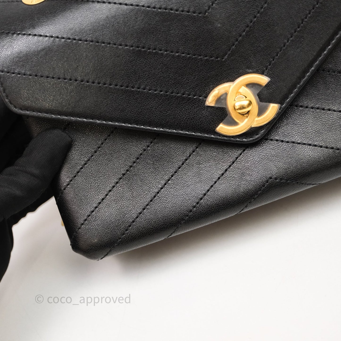 Chanel Chevron Flap Bag Black Calfskin Aged Gold Hardware