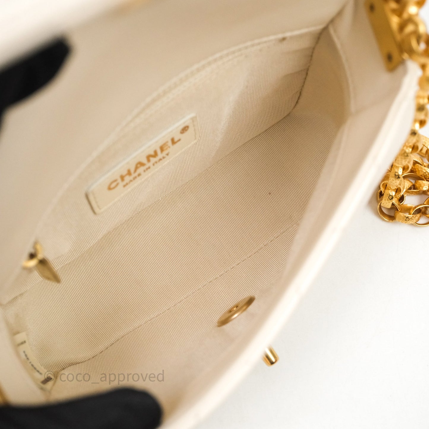 Chanel Flap with Coin Charm Ivory White Lambskin Aged Gold Hardware