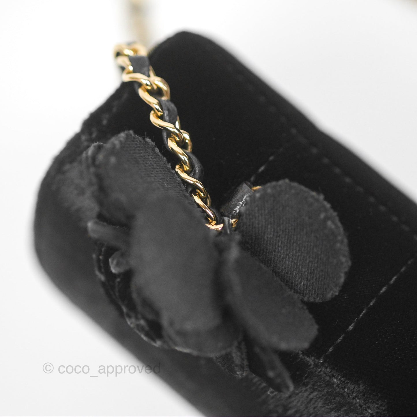 Chanel Vintage Mini Chocolate Bar Camellia Flap Black Velvet Gold Hardware