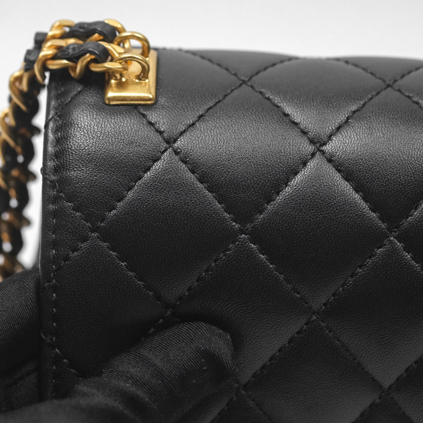 Chanel Flap Bag with Logo Enamel Chain Black Lambskin 22B
