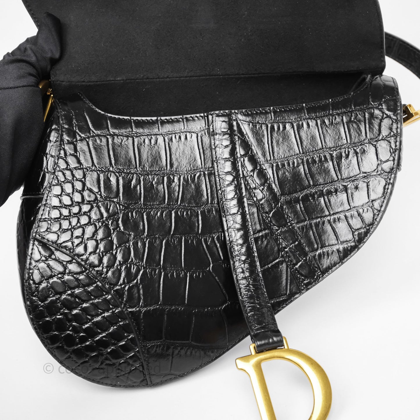 Christian Dior Saddle Bag Black Shiny Crocodile Gold Hardware