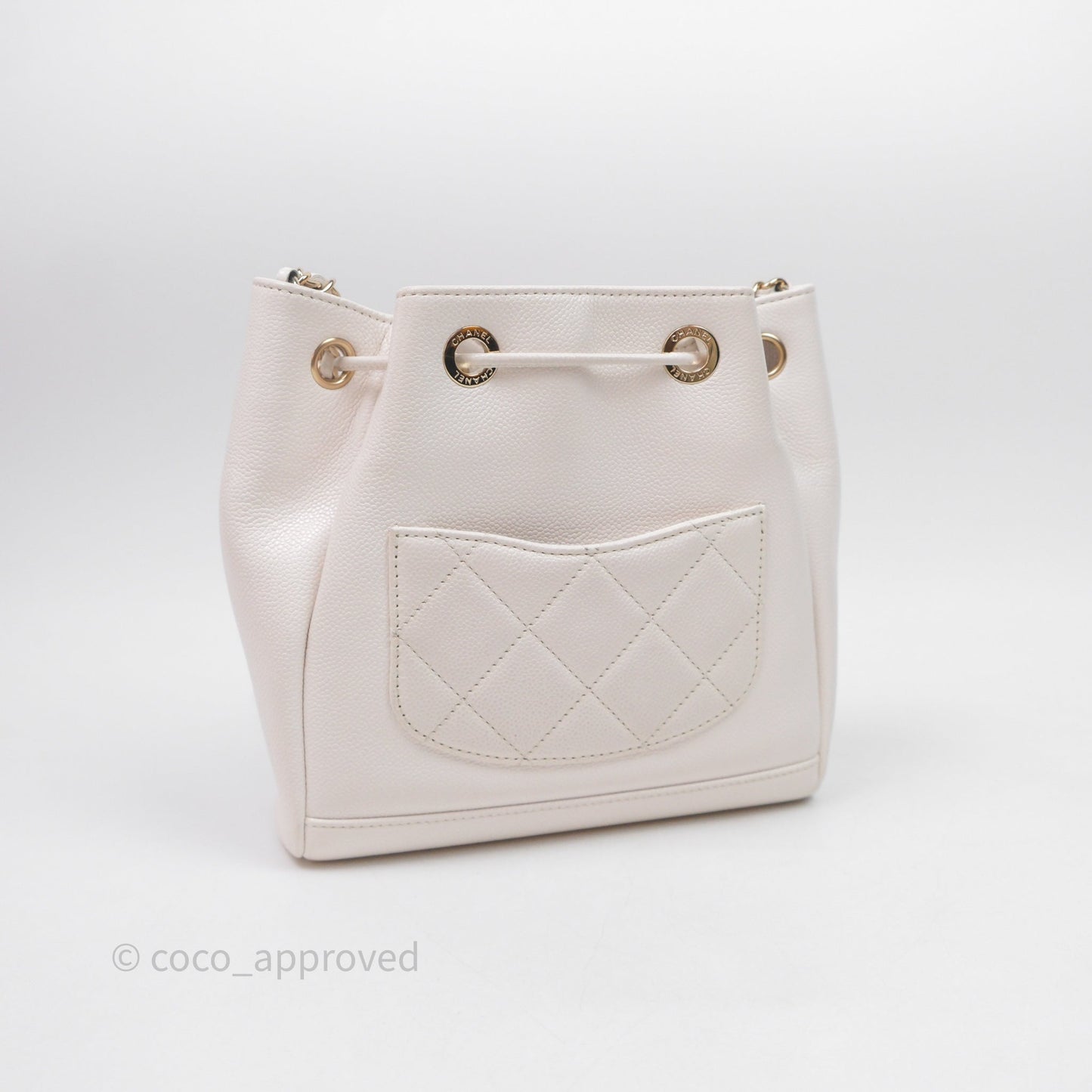 Chanel Business Affinity Drawstring Bucket Bag White Caviar Gold Hardware
