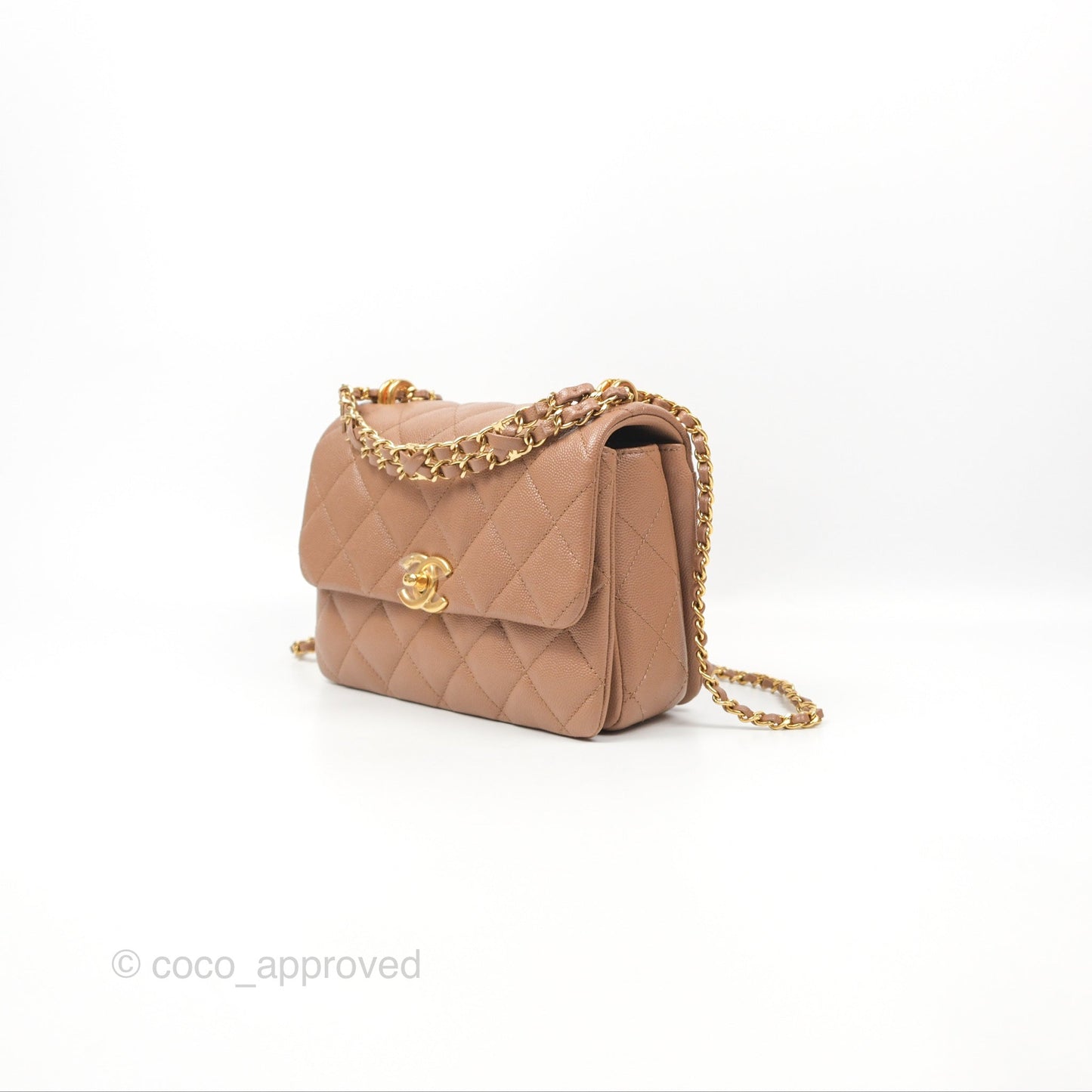 Chanel Coco First CC Chain Flap Bag Dark Beige Caviar Aged Gold Hardware