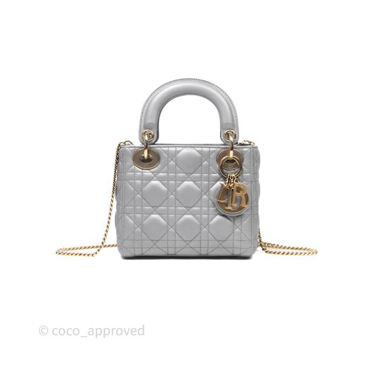 Christian Dior Mini Lady Dior Iridescent Grey Lambskin Cannage Gold Hardware