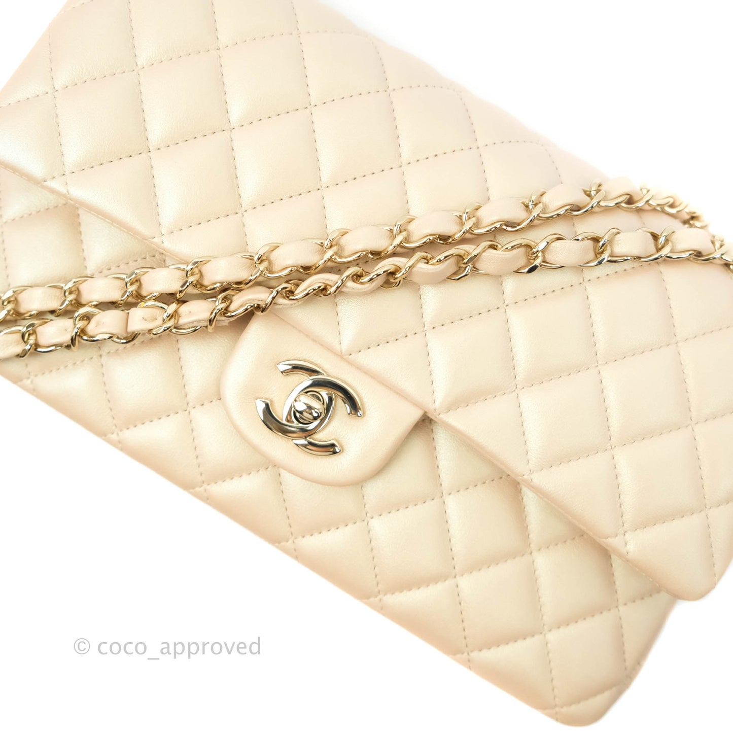Chanel Classic M/L Medium Double Flap Iridescent Beige Calfskin Gold Hardware 21S