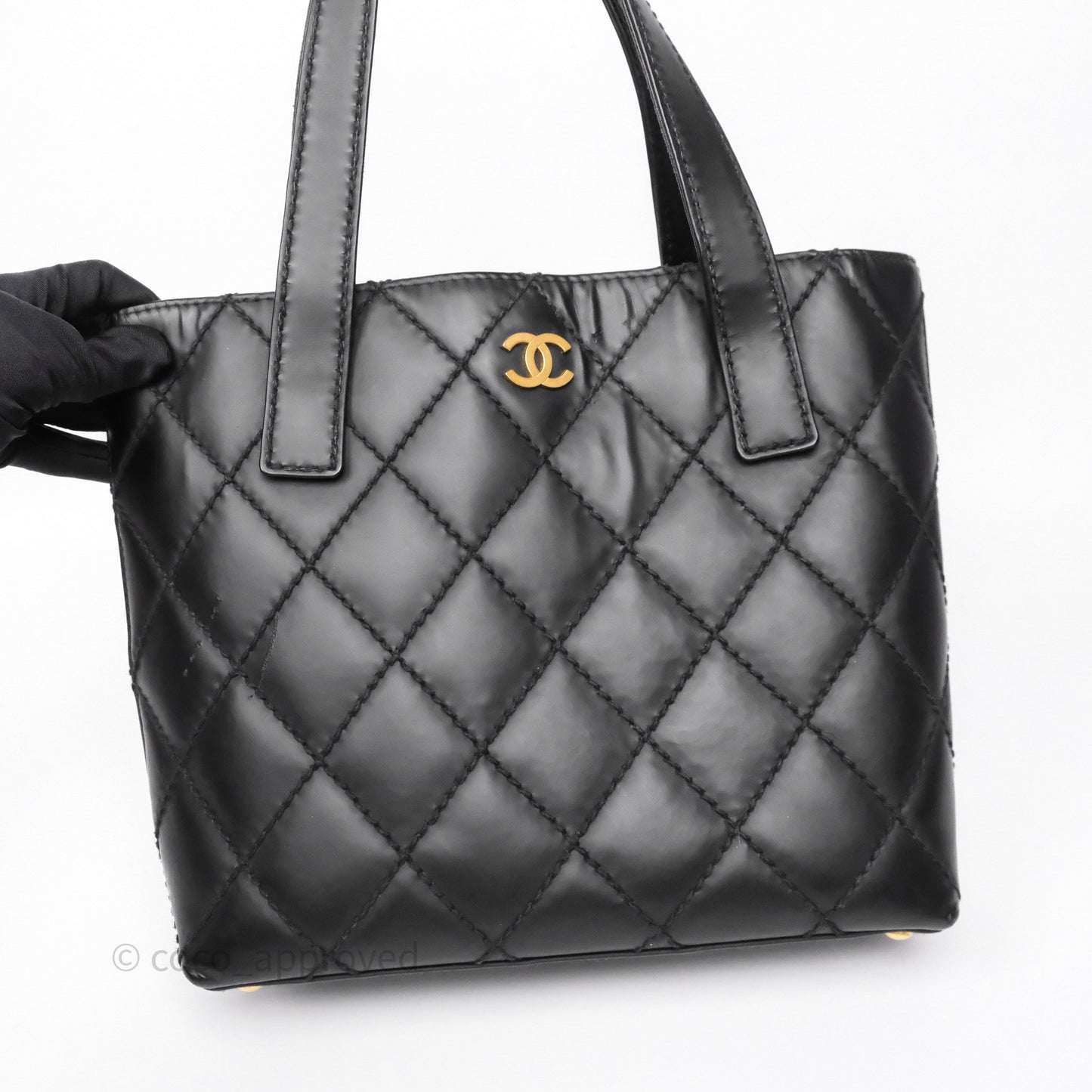 Chanel Vintage Quilted CC Tote Bag Matte Black Calfskin Gold Hardware
