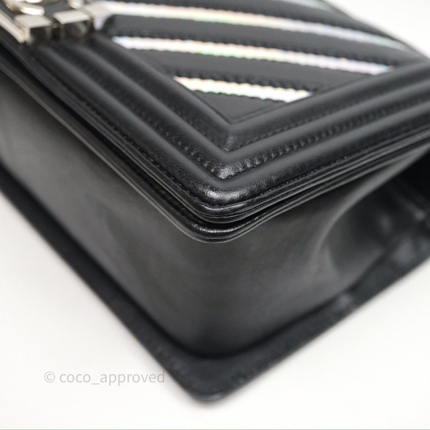 Chanel Medium Boy Chevron Iridescent PVC Lambskin Black Silver Hardware