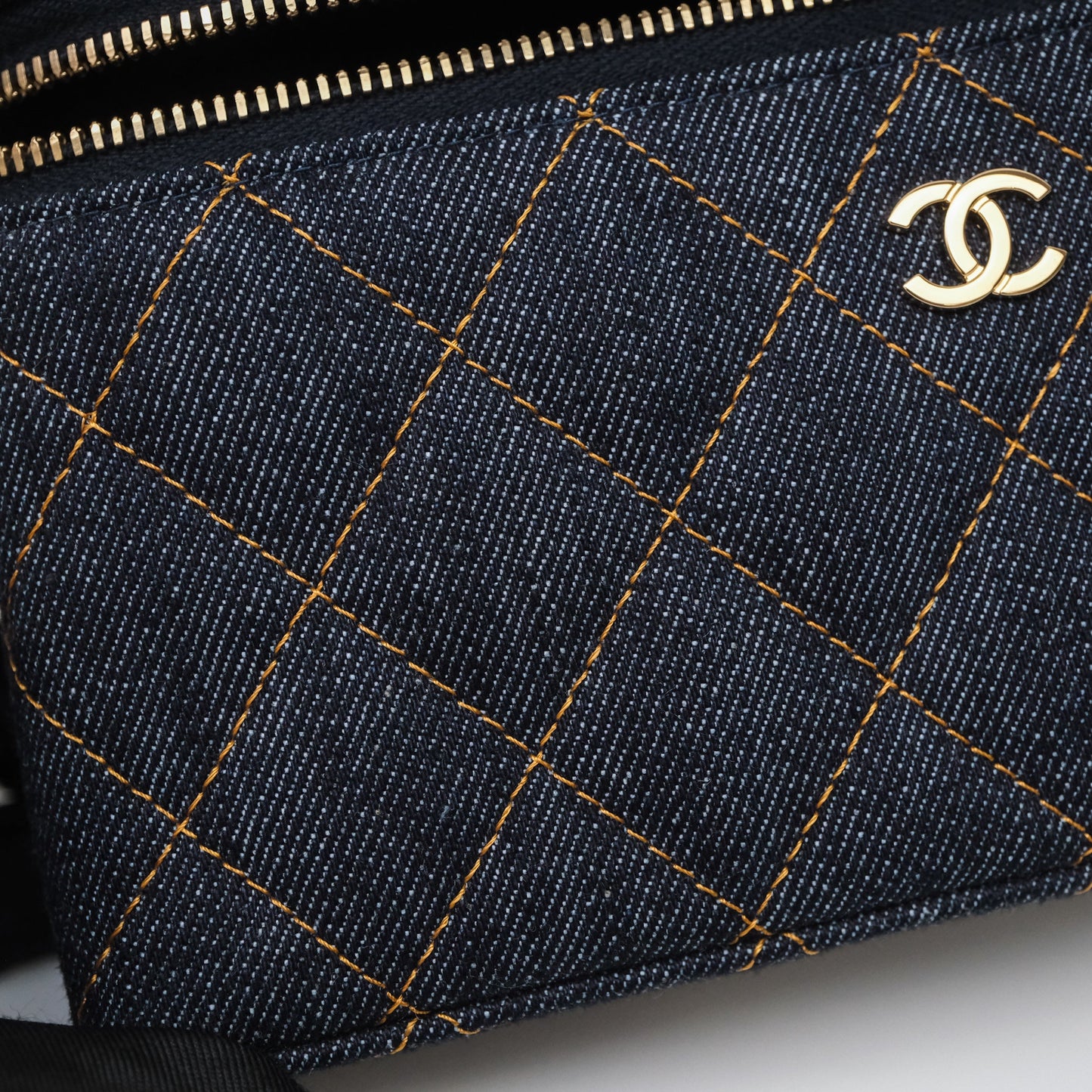 Chanel Top Handle Long Vanity with Chain Dark Blue Denim Gold Hardware