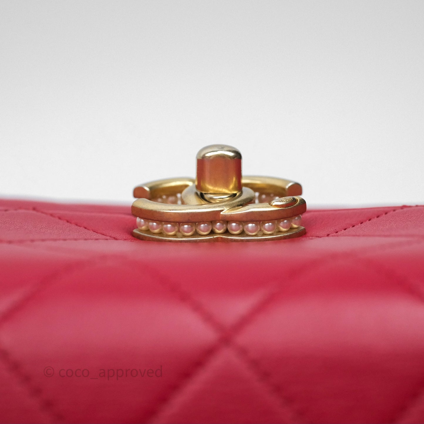 Chanel Quilted Flap Bag  with Pearl Logo Top Handle Red Lambskin Aged Gold Hardware