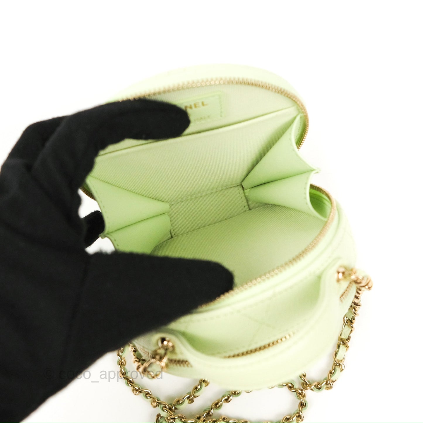 Chanel Mini Round Vanity Bag Handle With Care Light Green Caviar 22C