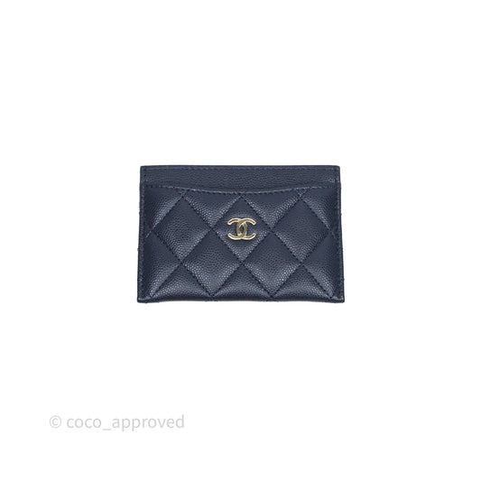 Chanel Classic Flat Card Holder Navy Caviar Gold Hardware