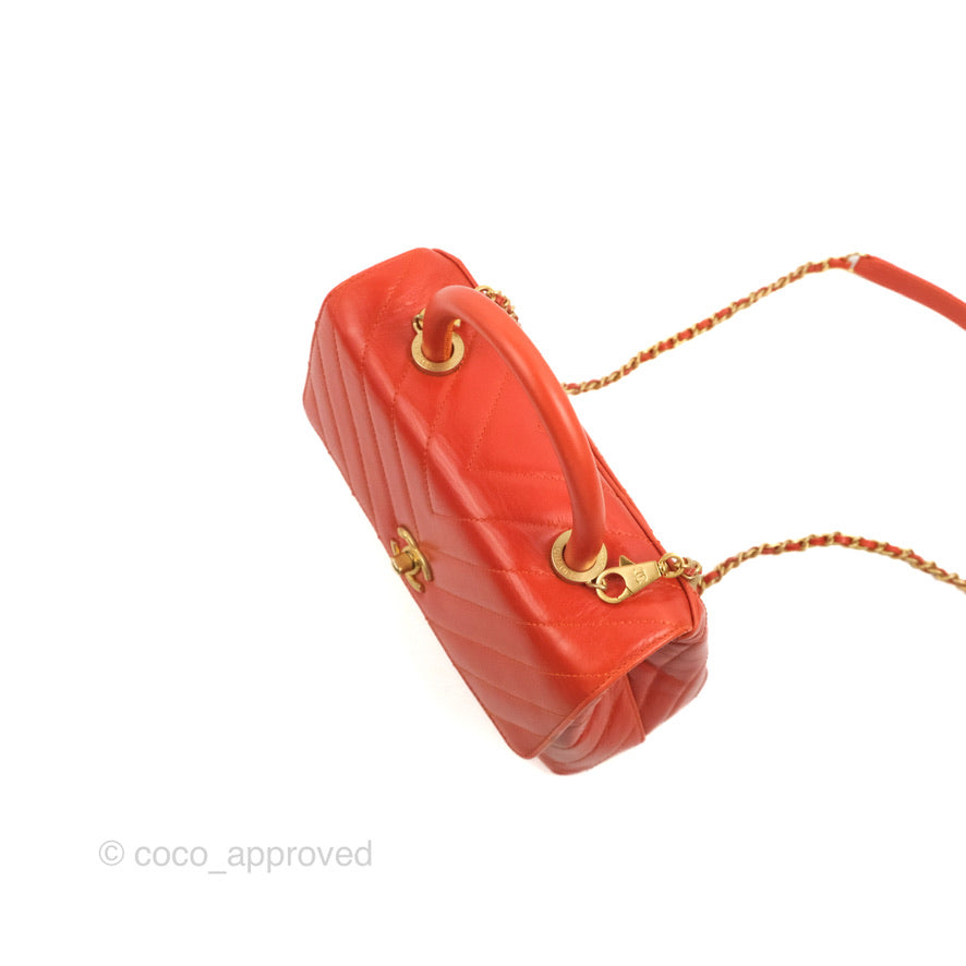 Chanel Chevron Small Coco Handle Dark Orange Shiny Aged Calfskin Aged Gold Hardware