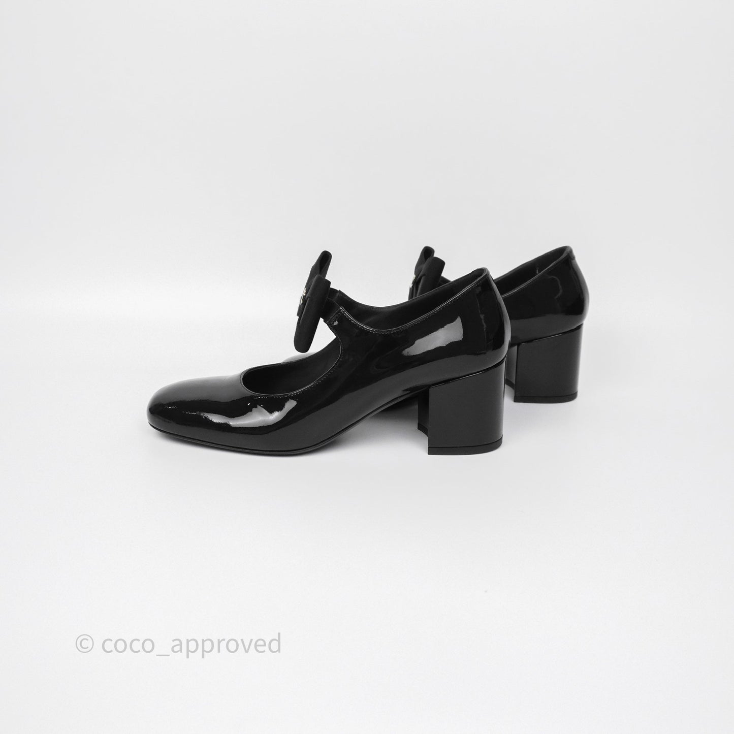 Chanel CC Ribbon Mary Jane Block Heels Black Patent 24C Size 39.5