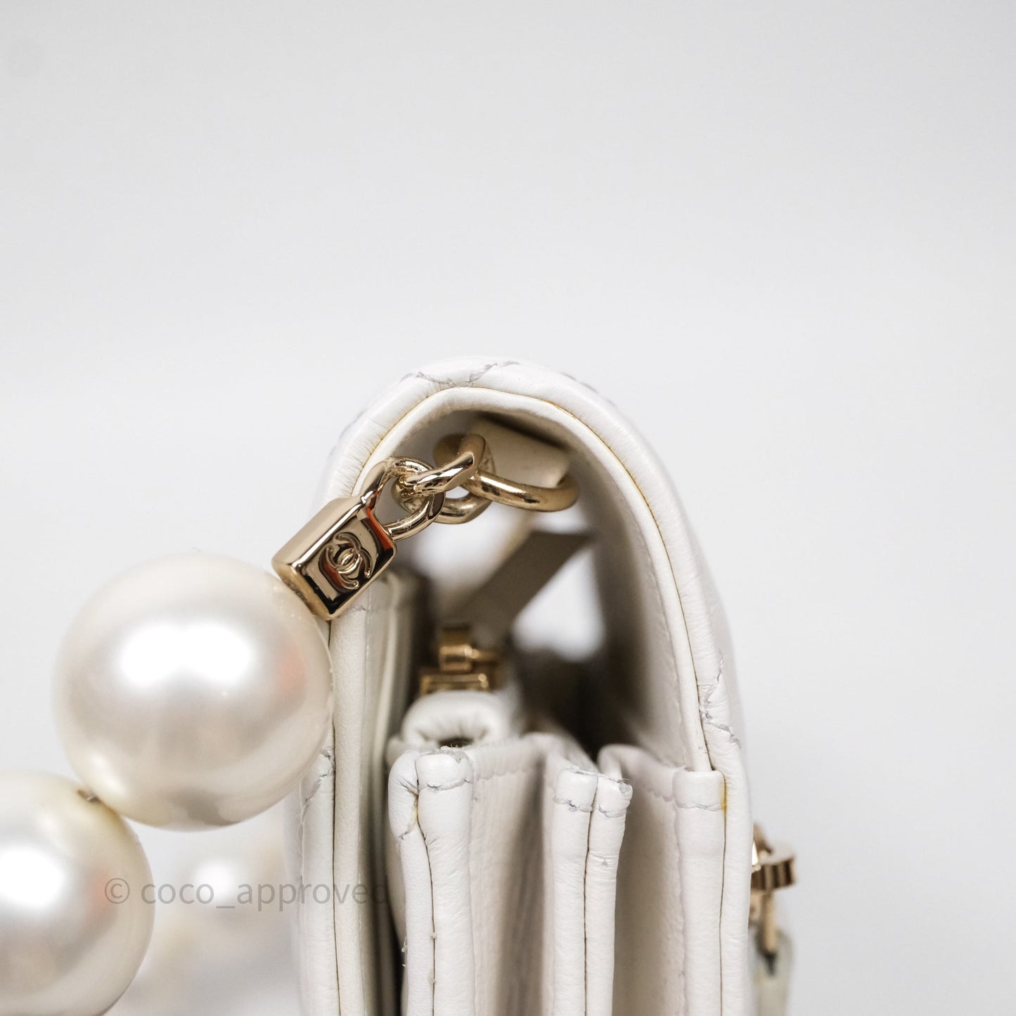 Chanel Mini Wallet On Large Pearl Chain WOC Quilted White Lambskin Gold Hardware
