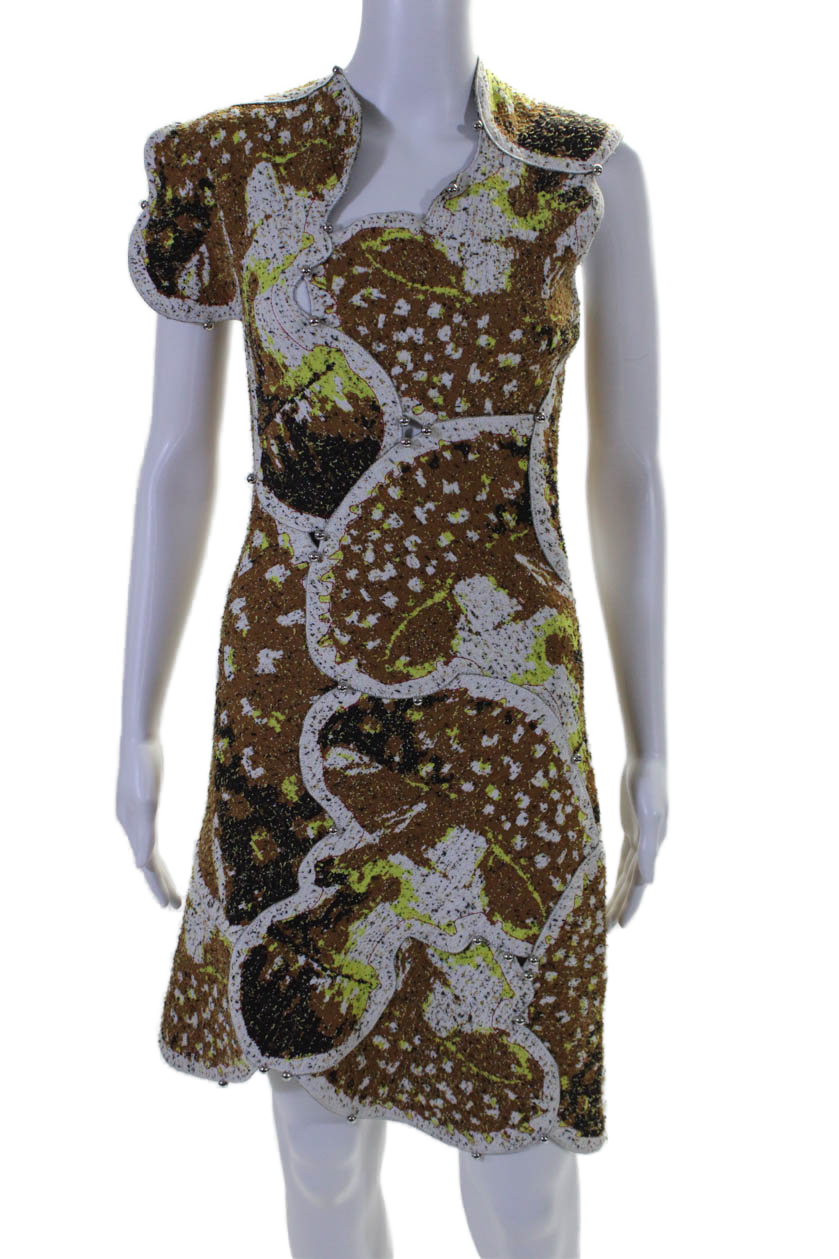 Luxury Bottega Veneta Womens Back Zip Beaded Abstract Knit Dress Brown White
