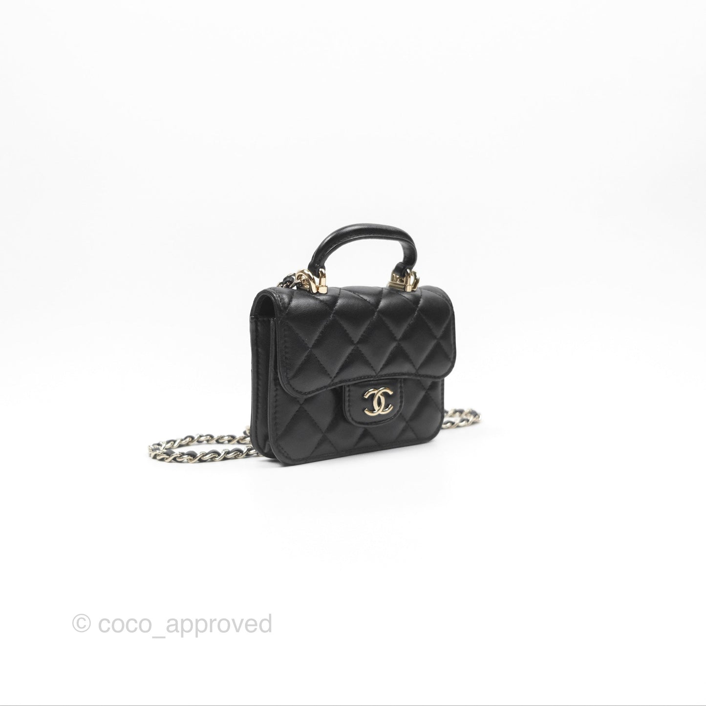 Chanel Mini Handle Flap Coin Purse With Chain Black Lambskin Gold Hardware